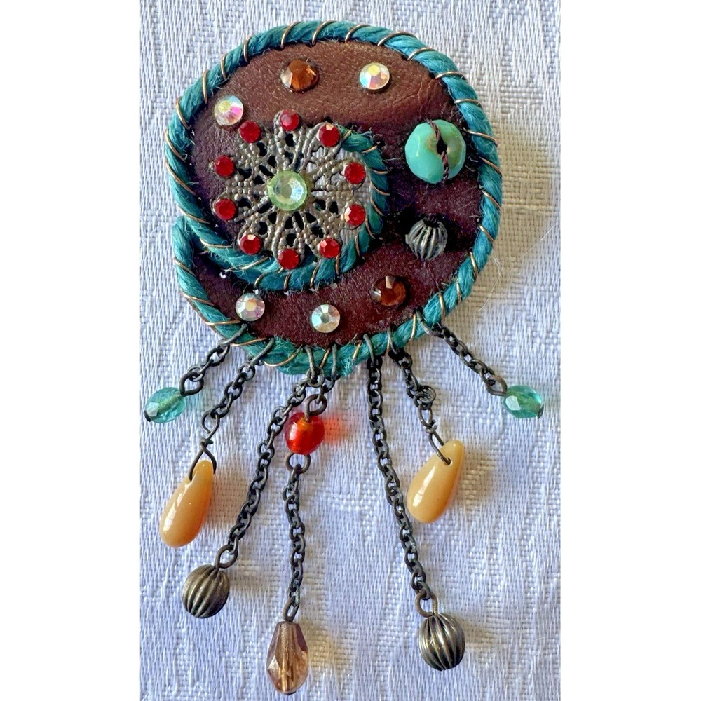 Boho Leather Fringe Brooch Handmade‎ Mixed Media Beaded Rhinestone Statement Pin